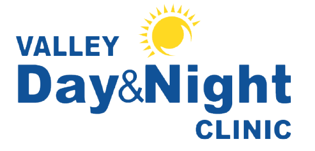 "Valley Day & Night Clinic" escrito en azul con un ícono del sol sobre el nombre.
