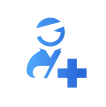 Blue icon of a bandaged up person and a blue cross inside of a white circle.