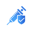Blue icon of a syringe and a shield inside of a white circle.
